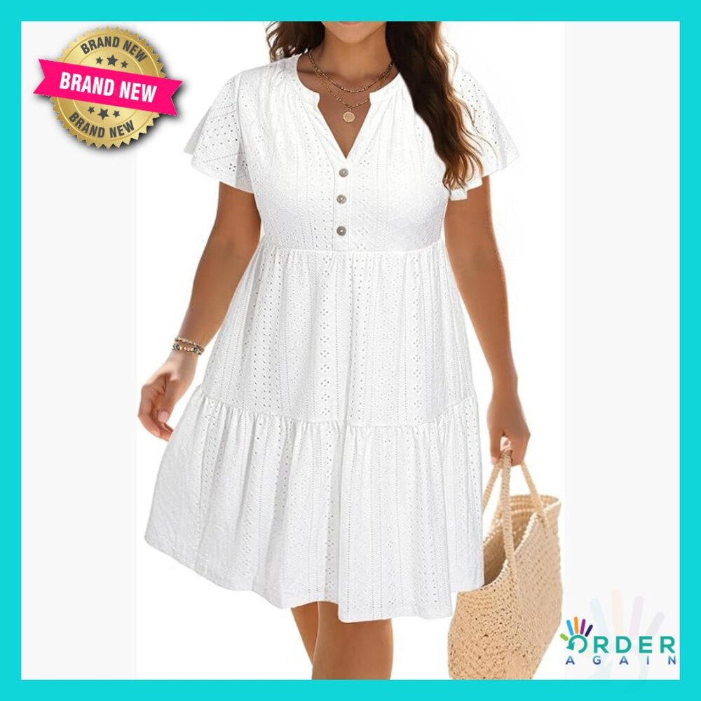 Boho Tiered Midi Dress V-Neck Button Up Flowy Summer Casual Sundress